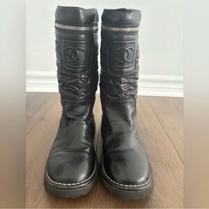 Chanel CC Logo Quilted Leather Moto Boots Black Size 36.5 (Auth)